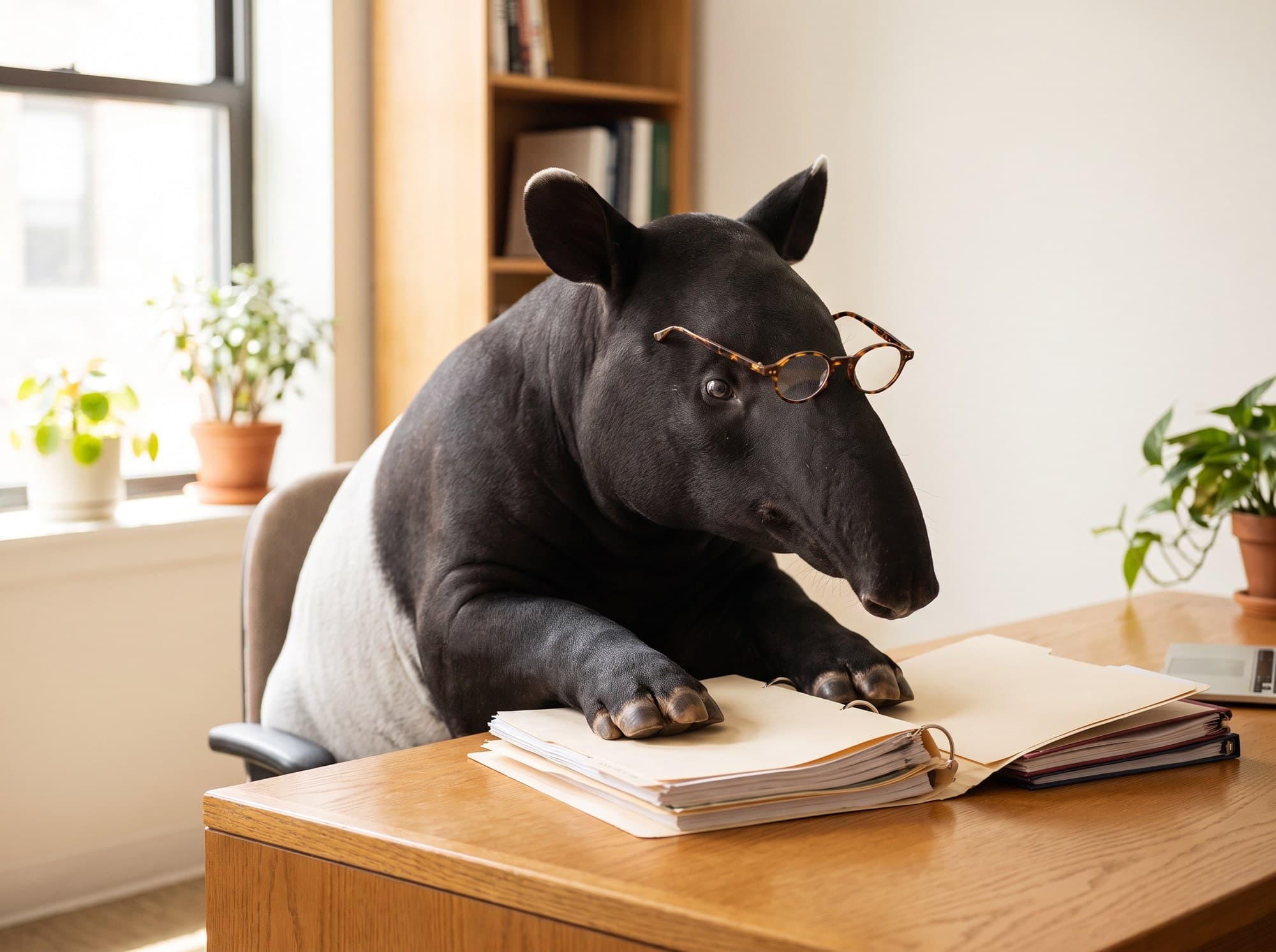 A Malayan tapir in reading glasses going through a file at a desk